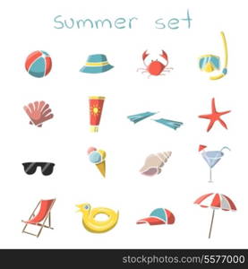 Summer vacation travel icons set of snorkel mask crab panama and parasol isolated vector illustration