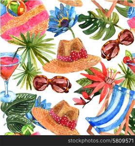 Summer vacation travel seamless pattern. Tropical beach exotic summer vacation travel wallpaper decorative seamless pattern with sunglasses and cocktail abstract vector illustration