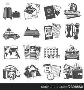 Summer vacation travel symbols icons set of transportation and sightseeing guide map black abstract isolated vector illustration. Vacation travel icons set black