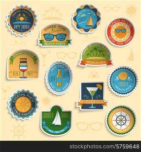 Summer vacation tropical paradise sunny beach party and yacht sale emblems stickers collection abstract isolated vector illustration. Summer vacation emblems stickers set
