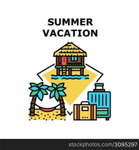 Summer Vacation Vector Icon Concept. Summer Vacation On Tropical Landscape And Seashore, Rent Bungalow And Resting On Beach Hammock. Traveling With Luggage Suitcase Color Illustration. Summer Vacation Vector Concept Color Illustration