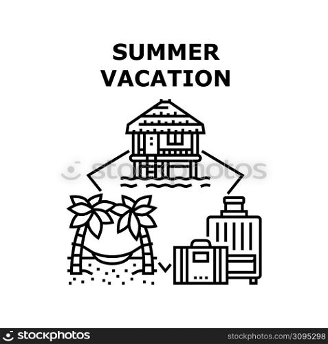 Summer Vacation Vector Icon Concept. Summer Vacation On Tropical Landscape And Seashore, Rent Bungalow And Resting On Beach Hammock. Traveling With Luggage Suitcase Black Illustration. Summer Vacation Vector Concept Black Illustration