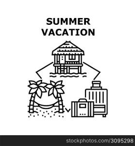 Summer Vacation Vector Icon Concept. Summer Vacation On Tropical Landscape And Seashore, Rent Bungalow And Resting On Beach Hammock. Traveling With Luggage Suitcase Black Illustration. Summer Vacation Vector Concept Black Illustration