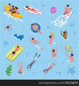 Summer vacation vector, pool activities summertime holidays. Friends sitting in banana boat, lady laying in surfboard. People playing volleyball games, inflatable crocodile and mattress. Swimming man. People Chilling in Pool Summer Vacation by Seaside