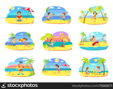 Summer vacation vector, set of kids on beach. Boys and girls playing together, building castle, eating juicy watermelon. Water fight and wind kite. Beach Relaxation of Kids, Children on Vacation