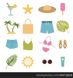 Summer vacation, vector set. Starfish, palm trees and palm leaves, hat and bag, swimsuit and swimming trunks, glasses and flip flops, shorts and tank top, ice cream and cocktail, sun and sunscreen.