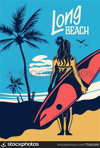 Summer vacation vertical poster illustrated young woman with surfboard at south beach background hand drawn vintage vector illustration. Surfing Hand Drawn Vertical Poster