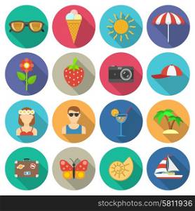 Summer vacations and traveling with sun and sea round shadow icons set flat isolated vector illustration . Summer and vacations icons set