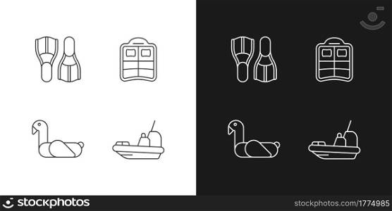 Summer vacations linear icons set for dark and light mode. Swimfins. Double pool float. Children swim ring. Customizable thin line symbols. Isolated vector outline illustrations. Editable stroke. Summer vacations linear icons set for dark and light mode