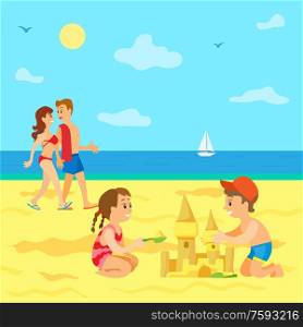 Summer vacations of kids vector, beach and seaside view, Family on holidays, couple parents walking along coast and kids building castle from sand. Kids Playing on Beach, Summer Vacation of Children