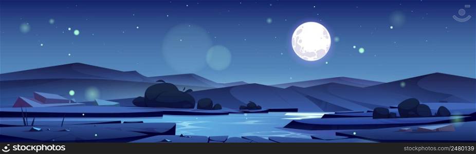 Summer valley with river and mountains on horizon at night. Vector cartoon illustration of nature landscape with water stream, bushes, rocks, and full moon in sky. Summer valley with river and mountains at night