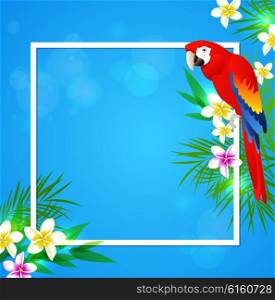 Summer vector background with tropical flowers and parrot. Tropical frame with place for text.