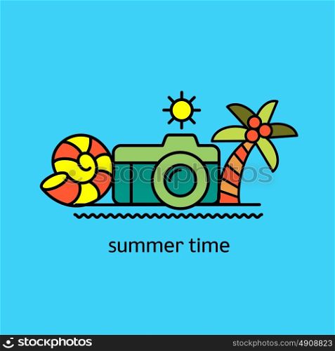 Summer. Vector emblem. Camera, sea, seashell, palm tree, sun. The linear vector.
