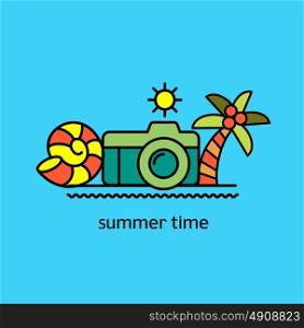 Summer. Vector emblem. Camera, sea, seashell, palm tree, sun. The linear vector.