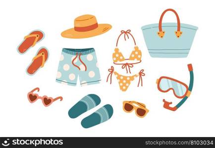 Summer vector icon set for sticker. Icons, signs and banners. Bright summertime poster. Collection elements for summer holiday and party. Vector illustration