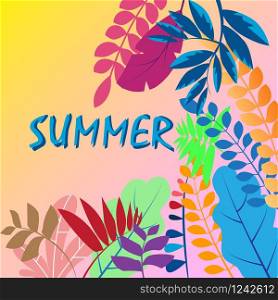 Summer vector illustration with bright tropical leaves and elements. Hand drawn multicolor plants and lettering Exotic background perfect for prints,flyers,banners,invitations,social media.