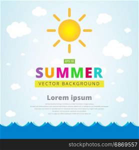 Summer vector illustration with seascape sun and cloud for banner or poster. Vector illustration, copy space