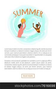 Summer vector, isolated people playing waterpolo, on water, waterpolo with inflatable ball. Man and woman having good time on vacation, couple game, summertime activity. Summer Relaxation of Couple Playing Volleyball