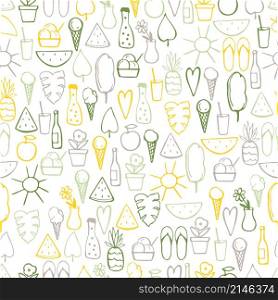 Summer vector pattern with ice cream, watermelon and sun. Sketch illustration