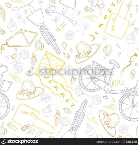 Summer vector pattern with kites and bikes. Sketch illustration