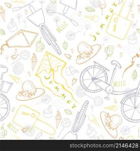 Summer vector pattern with kites and bikes. Sketch illustration