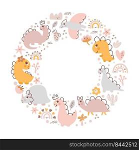 Summer vector round baby frame with dino girl and rainbow in colorful trend colors. Hand drawn naive illustrations in simple Scandinavian style.. Summer vector round baby frame with dino girl and rainbow in colorful trend colors. Hand drawn naive illustrations in simple Scandinavian style