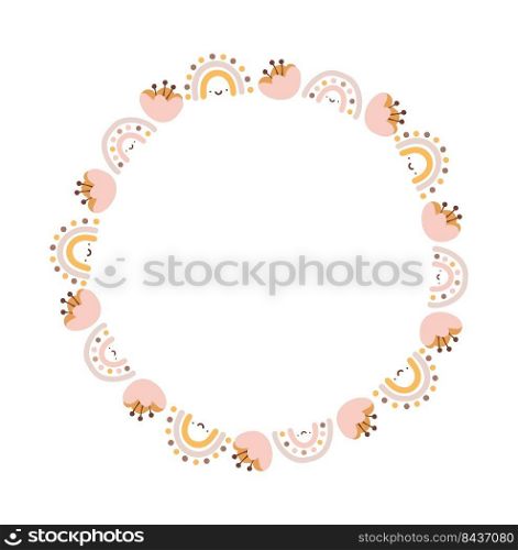 Summer vector round frame baby girl with flower and rainbow in colorful trend colors. Hand drawn naive illustrations in a simple Scandinavian style.. Summer vector round frame baby girl with flower and rainbow in colorful trend colors. Hand drawn naive illustrations in a simple Scandinavian style