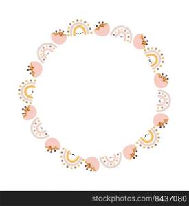Summer vector round frame baby girl with flower and rainbow in colorful trend colors. Hand drawn naive illustrations in a simple Scandinavian style.. Summer vector round frame baby girl with flower and rainbow in colorful trend colors. Hand drawn naive illustrations in a simple Scandinavian style