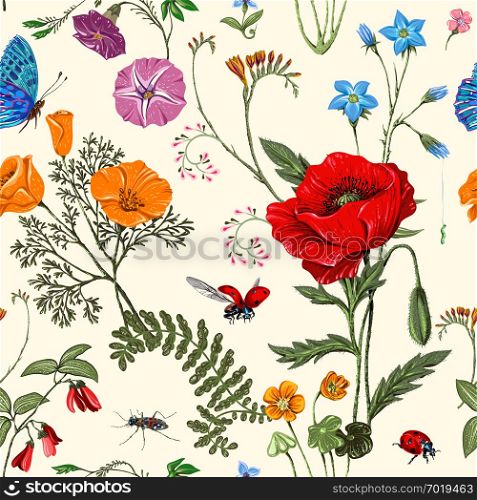 Summer vector seamless pattern. Botanical wallpaper. Plants, insects, flowers in vintage style. Butterflies, beetles and plants in the style of Provence. Drawn nature wallpaper. Summer. Summer vector seamless pattern. Botanical wallpaper. Plants, insects, flowers in vintage style. Butterflies, beetles and plants in the style of Provence. Drawn nature wallpaper. Summer background
