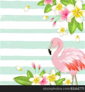 Summer vector tropical background with flowers, green leaves and pink flamingo. . Tropical background with flowers and flamingo