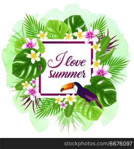 Summer vector tropical background with plumeria flowers, green leaves and toucan. . Summer vector tropical background with toucan