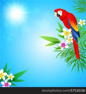 Summer vector tropical background with red parrot