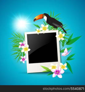 Summer vector tropical background with toucan and flowers