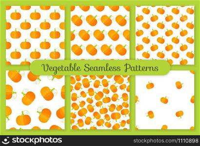 Summer vegetable seamless pattern collection. Retro background ornament set with pumpkin or squash vegetables in bright orange and yellow colors. Creative vector illustration for season menu template.. Yellow pumpkin flat vegetable seamless pattern set