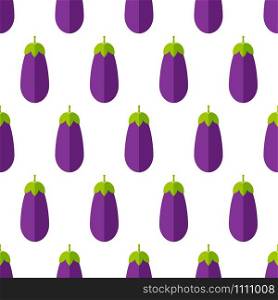 Summer vegetable seamless pattern. Trendy background ornament with eggplant or brinjal vegetables in bright violet and purple colors. Creative vector illustration for vintage wallpaper or season menu. Violet eggplant summer vegetable seamless pattern