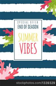 Summer Vibes Flat Card as Special Seasonal Offer. Great Discount Promotion to End of Season. Vector Illustration with Cartoon Leaves and Horizontal Stripes. Sales print or Media Advertisement. Summer Vibes Flat Card as Special Seasonal Offer