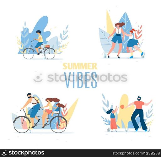 Summer Vibes Set with Resting Happy Family Members. Cartoon Parents and Children Having Fun, Playing Ball, Cycling Together or Along. Vector Flat Illustration. Healthy Outdoors Activities. Summer Vibes Set with Resting Happy Family Members