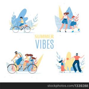 Summer Vibes Set with Resting Happy Family Members. Cartoon Parents and Children Having Fun, Playing Ball, Cycling Together or Along. Vector Flat Illustration. Healthy Outdoors Activities. Summer Vibes Set with Resting Happy Family Members