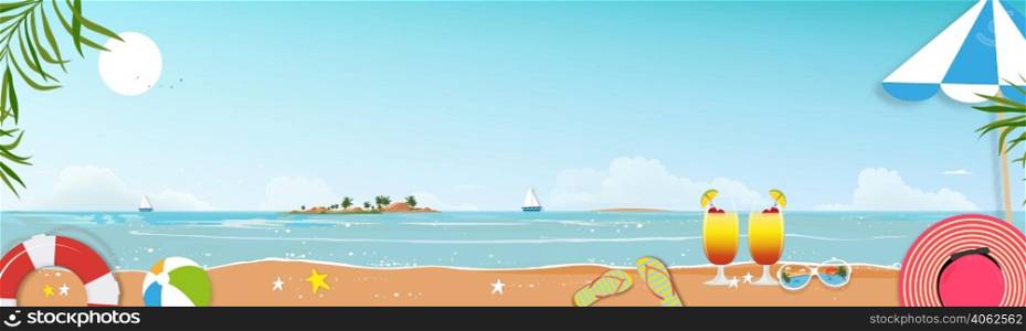 Summer wall background with island,Sea beach,blue sky and cloud on sunny day,Vector wid banner backdrop vacation holiday theme with Seascape of ocean view and coconut palm tree on border