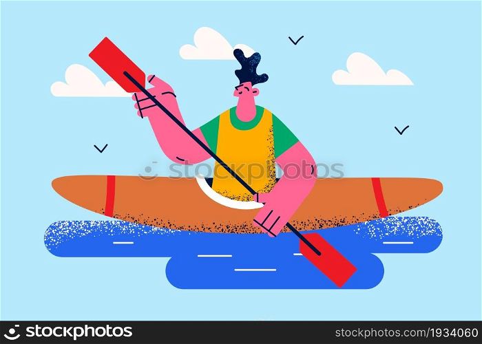 Summer water active leisure concept. Young smiling man cartoon character sitting in kayak paddle and riding through lake living active lifestyle vector illustration . Summer water active leisure concept.