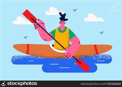 Summer water active leisure concept. Young smiling man cartoon character sitting in kayak paddle and riding through lake living active lifestyle vector illustration . Summer water active leisure concept.
