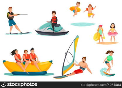 Summer Water Activities Set. Summer water activities set including persons on banana boat motorcycle kids with rubber rings isolated vector illustration