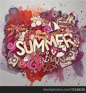 Summer watercolor hand lettering and doodles elements. Vector illustration. Summer watercolor hand lettering and doodles elements