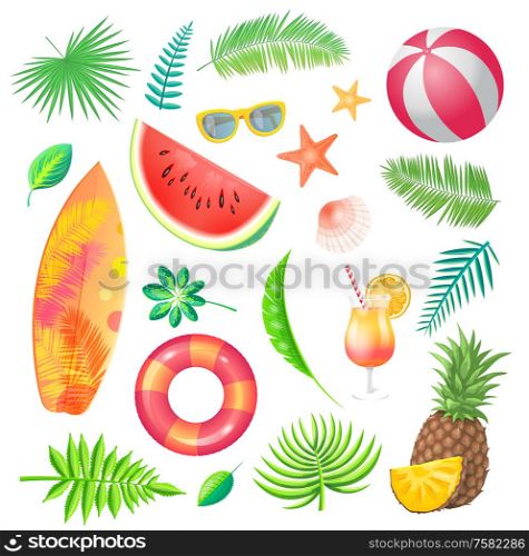 Summer watermelon slice fruit icons vector. Palm leaves and branches, lifebuoy and surfing board, pineapple and cocktail. Ball and shell, sunglasses. Summer Watermelon Fruit Set Vector Illustration