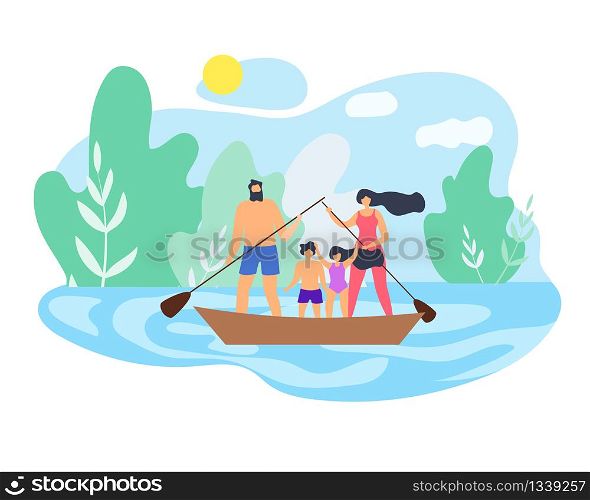 Summer Weekend Family on Beautiful Lake Dad Hold Paddle Float Boat. Bright Nature Blue Sky Moving Sport in Fresh Air. Active Life Position Regularly Play Sports and Trainings Vector Flat Illustration.