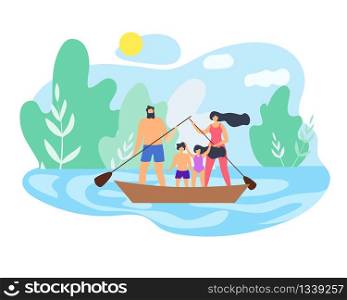 Summer Weekend Family on Beautiful Lake Dad Hold Paddle Float Boat. Bright Nature Blue Sky Moving Sport in Fresh Air. Active Life Position Regularly Play Sports and Trainings Vector Flat Illustration.