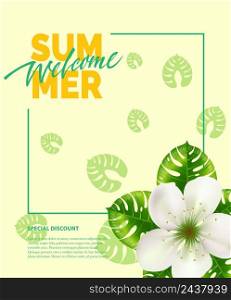 Summer, welcome lettering in frame with flower. Summer offer or sale advertising design. Handwritten and typed text, calligraphy. For leaflets, brochures, invitations, posters or banners.