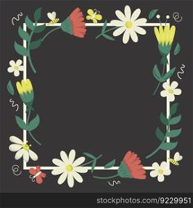 Summer wild flowers square on black background with different flat plants. Vector frame of floral elements, banner template.. Different flat summer wild flowers square on black background. Vector frame with floral plants, banner template