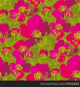 Summer wild meadow flowers seamless pattern for background, fabric, textile, wrap, surface, web and print design. Decorative abstract floral silhouette rapport in green and pink.