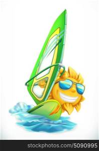 Summer Windsurfing. Funny sun on surfboard 3d vector icon
